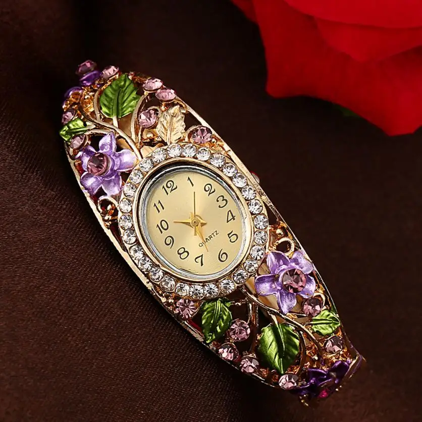

2019 Bracelet Elegant Women Watch Vintage Alloy Crystal Flower Bangle Bracelet Quartz Watch Wristwatch Gift Relogio Feminino