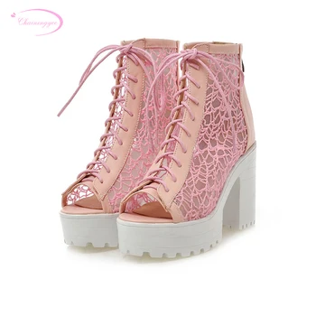 

Chainingyee street sexy peep toe sandals fashion lace-up zipper hollow out platform beige pink black high-heeled women's shoes