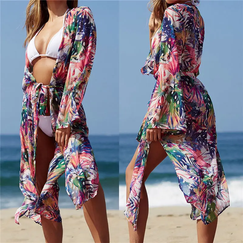

2019 Bohemian Multicolored Floral Printed Beach Tunic Plus Size Women Beachwear Mid-Calf Summer Tops Blouse Cotton Shirts N694