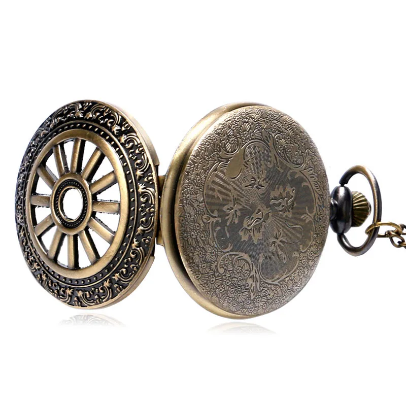 Antique Pocket Watch Hollow Bronze Carriage Wheel Cover Pendant Chain Retro Fob Watches Special Gifts for Boxing Day Birthdays (6)