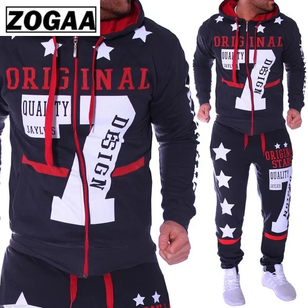 ZOGAA 2 Pieces Set  Men's Fashion Hoodies Set Suits Hit Color Mosaic Stars Sweater Sweatsuit Men Track Suit Set Men Clothes 2019