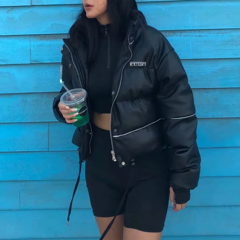 Veste Cuir Réfléchissant Haute Femmes De D'hiver Harajuku Pu Hop En Épais Rembourré Vestes Chaud Padded Coat Femme Noir Mode Manteaux Black Filles Hip wff7zU