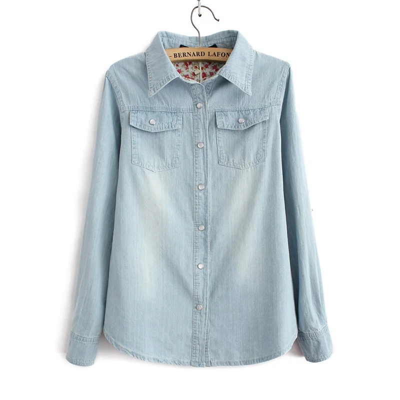 Women's Button Down Denim Shirt - Rounded Hemline / Blue / Chest Pockets Shop by category