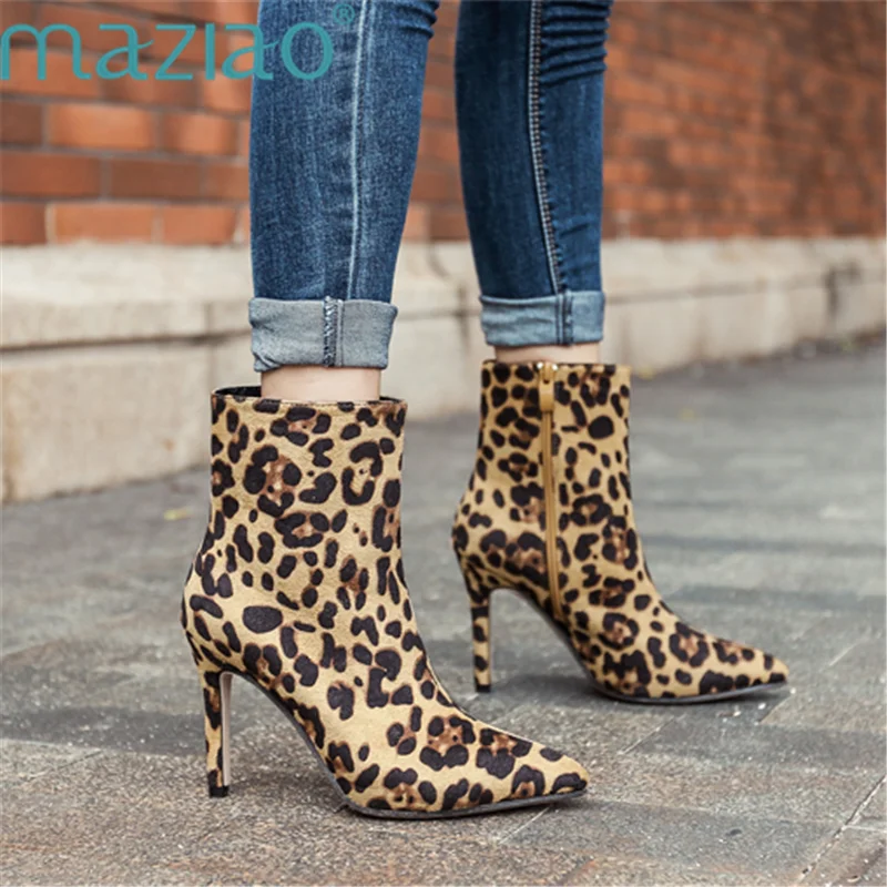 

New Women Boots Flock Ankle Boots Women Boots High Heels Side Zipper Leopard Stretch Fabric Boots MAZIAO