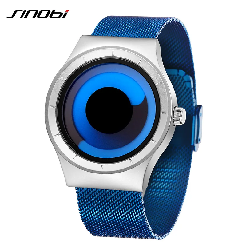 SINOBI Brand Fashion Quartz Watch Men Rotate Creative Design Blue Stainless Steel Mesh Strap Mens Watches 2018 Relogio Masculino