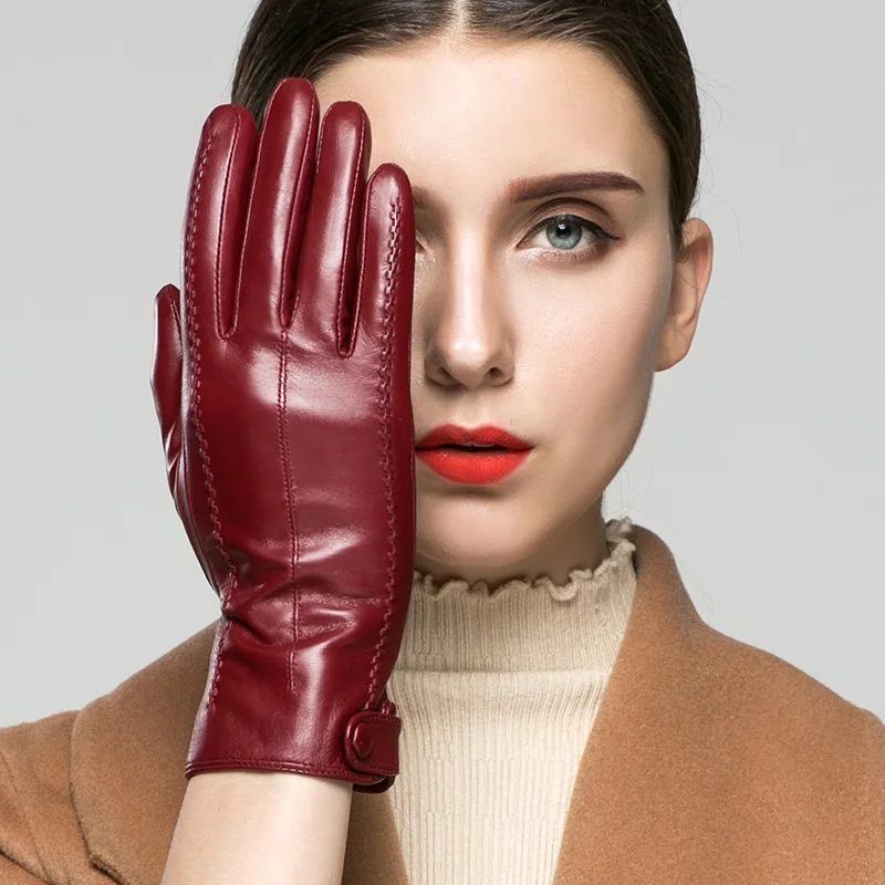 KLSS Brand Genuine Leather Women Gloves Autumn Winter Plus Velvet Fashion Elegant Goatskin Glove Lady Driving Glove 860