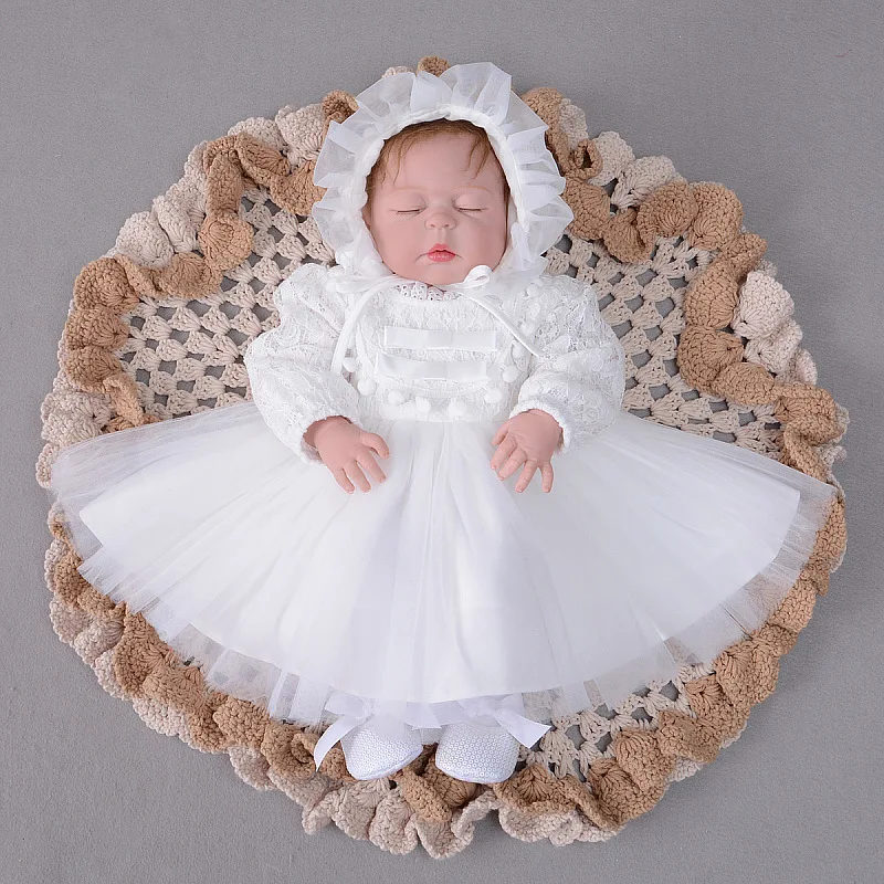 

2019 Baby Girl Dress Ivory Christening Dress Long Sleeve 1 st Birthday Party Dress Lace Baptism Dress with Hat