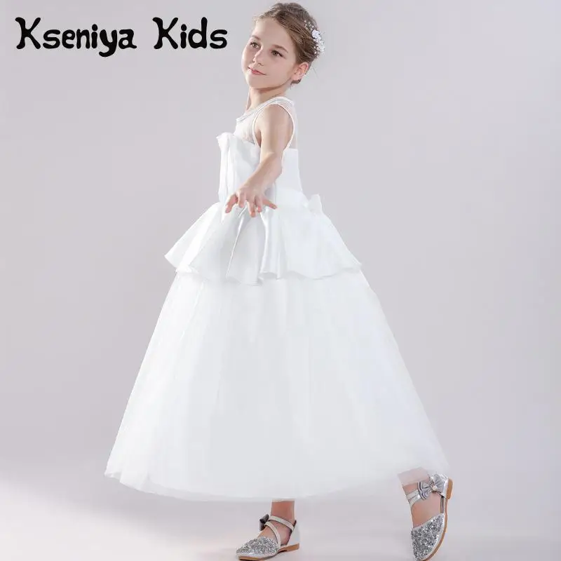 

Kseniya Kids Girl Formal Long Dress Ankle-Length Children White Ball Gown Evening Dress Net Hollow Bow Girls Wedding Dresses