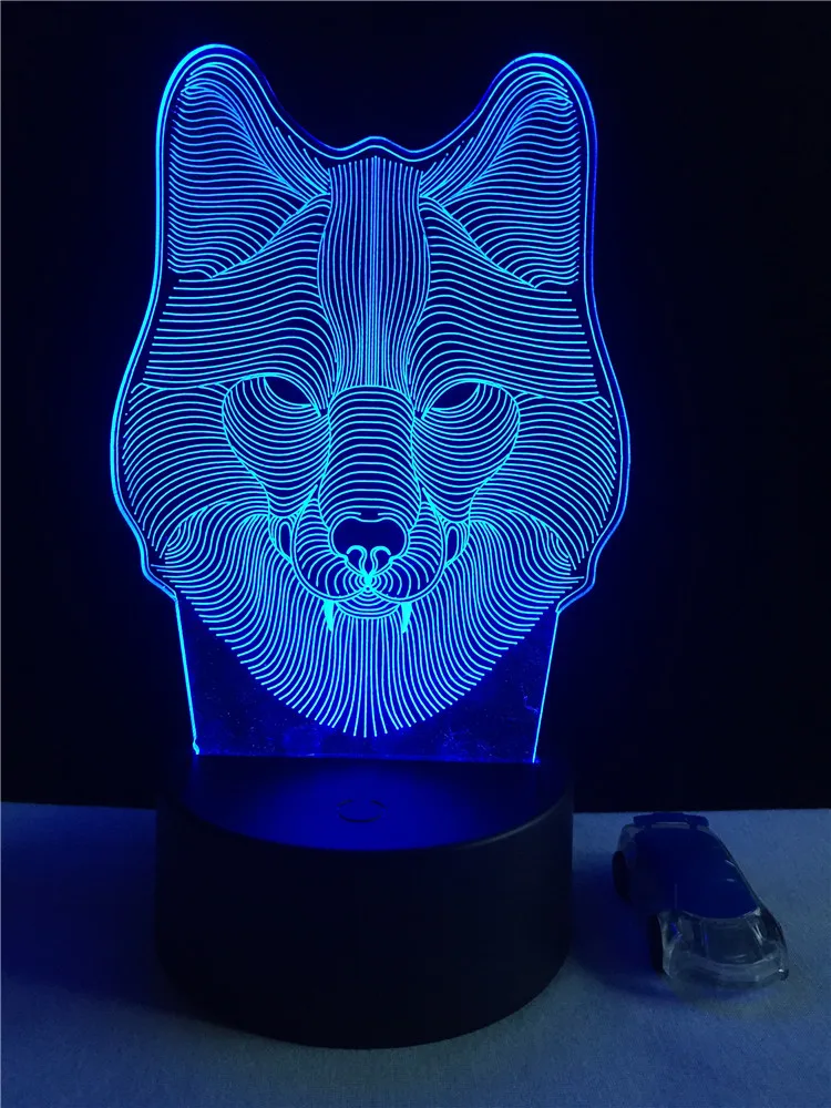 LED Wolf Head Night Light Acrylic Panel USB Cable 7 Colors 3D Desk Lamp Bedroom 