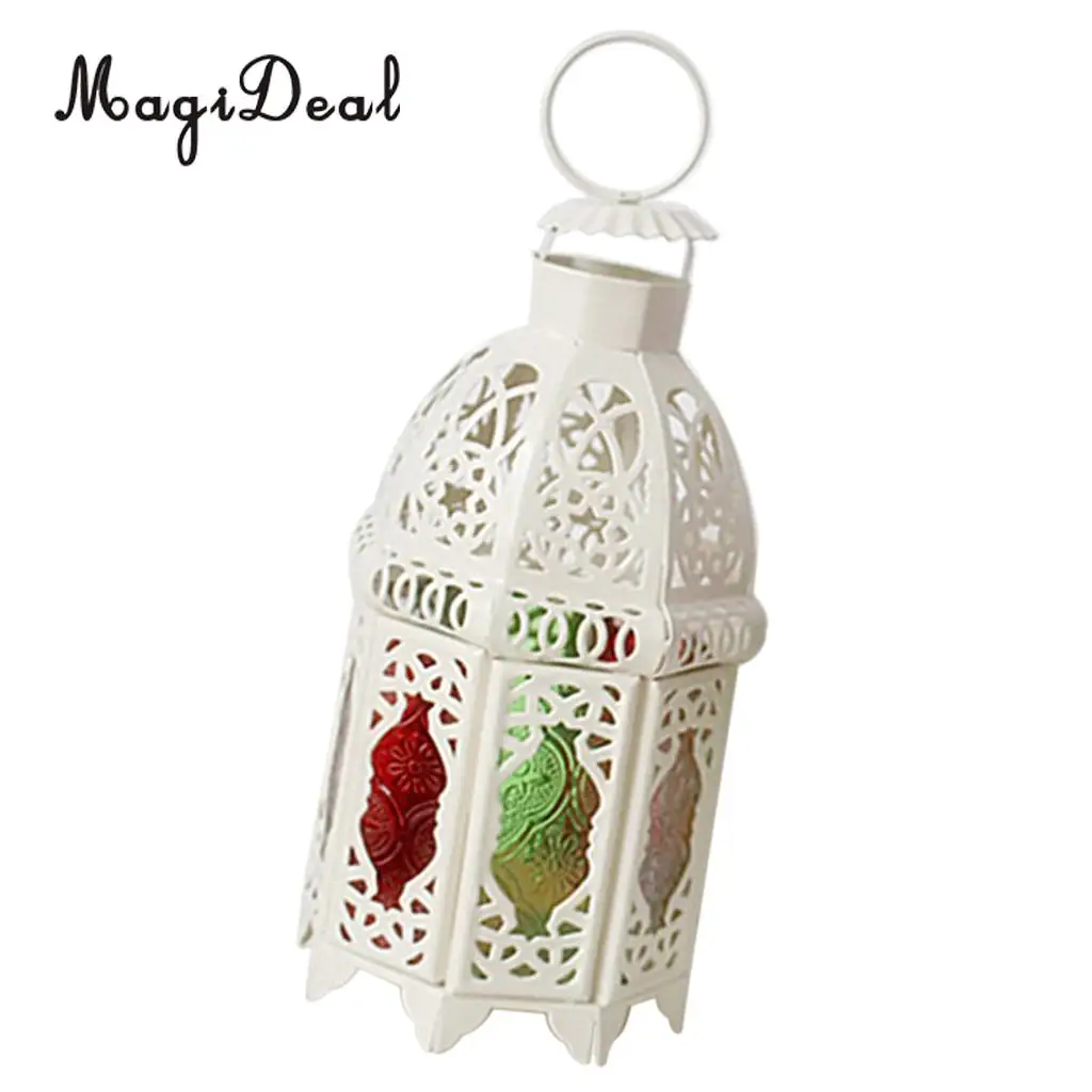 Moroccan Vintage Metal Hollow Glass Moroccan Hanging Tea Light Holder Candle Lantern Xmas Decor