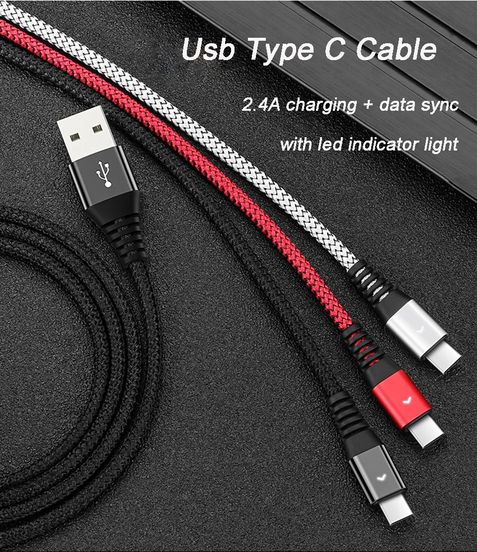 Светодиодный кабель usb type C с зарядным устройством, длинный короткий кабель для быстрой зарядки, кабель для синхронизации данных USBC для мобильного телефона samsung Xiaomi