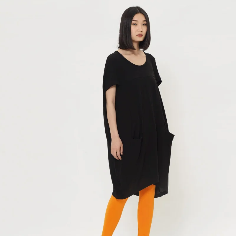 [Линетт's Chinoiserie-Цин Чен] дизайн летние женские мягкие вязаные свободные средней длины материала пуловер Футболка - Цвет: Черный