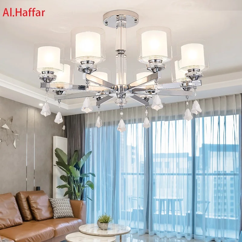 Modern Luxury Crystal LED Chrome Color Metal Chandeliers Lighting Pendant With Double Glass Shades Fixture Lamp For Living Room