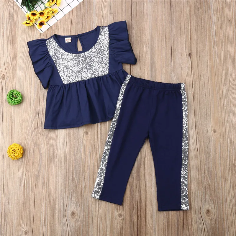 

Kids Baby Girl Clothes Sets 1-5Y Fashion Flared Sleeve Sequin T-Shirts Tops Side Striped Pants 2Pcs Girl Summer Outfits 1-5Y