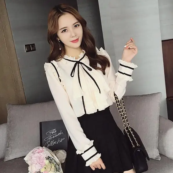 

2019 Autumn Winter Women New Fashion Blouse Stand Collar Ruffles Long Sleeve Chiffon Blouse Elegant Cute Top Shirt Free Shipping