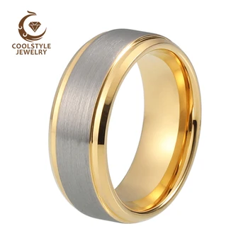 

Tungsten Ring Gold Wedding Band For Men Women 8MM With Stepped Beveled Brushed Finish Comfort Fit