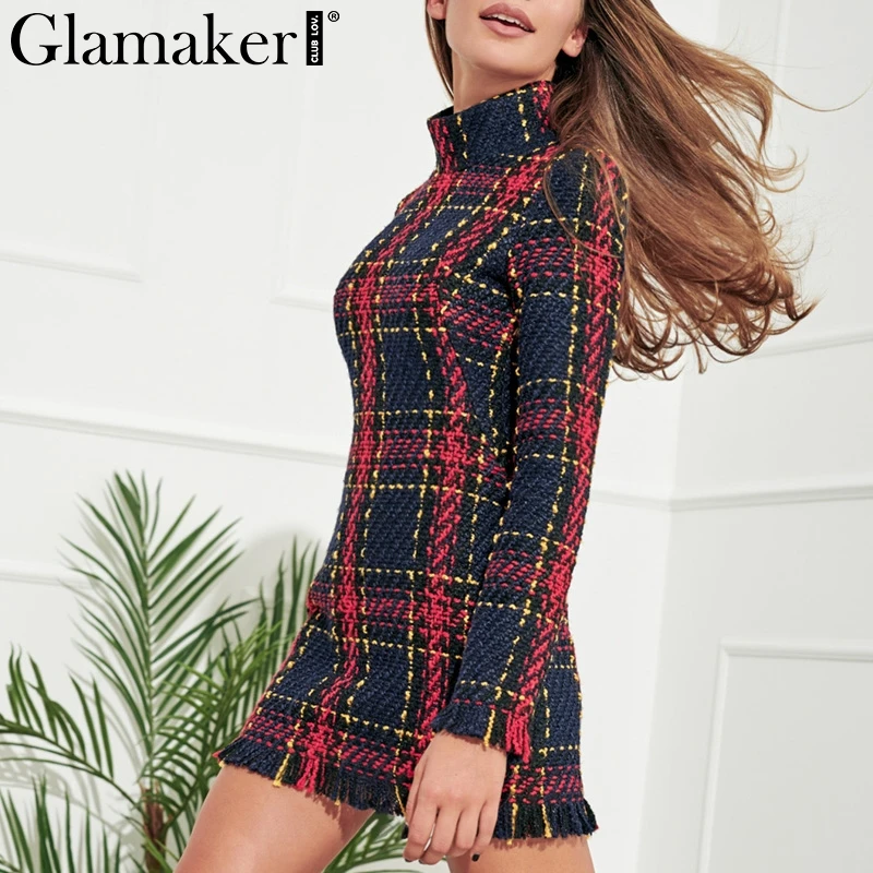 Женское твидовое платье Glamaker теплое клетчатое с кисточками и стоячим воротником