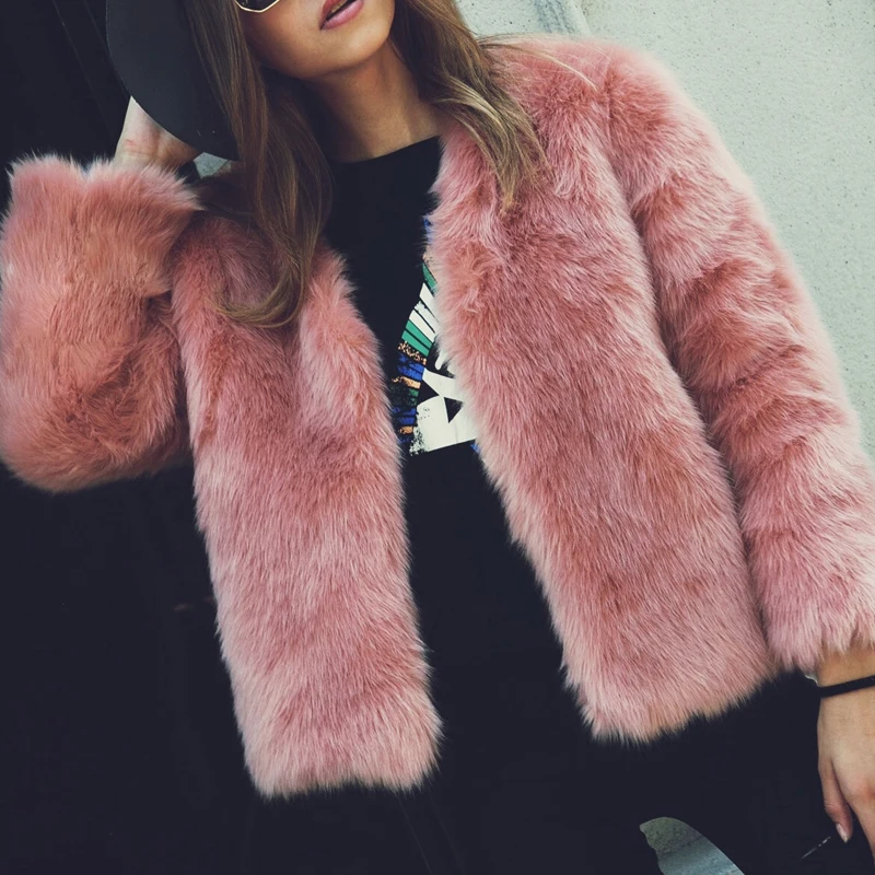 

Women Autumn Winter Faux Fur Short Coat V-Neck Long Sleeve Solid Casual Thick Warm Fashion Ladies Jackets Plus Size 3XL T0676