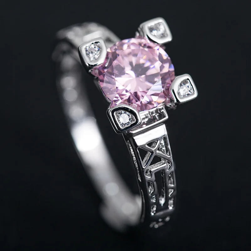 

New Fashion Hollow Design Ladies Engagement Rings Euramerican Pink Zircon Wedding Rings for Women Party Jewelry Anel Feminino