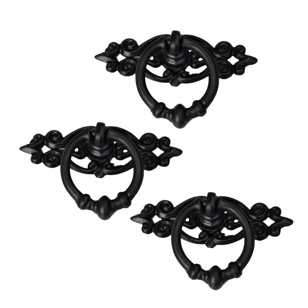 3 Piece Black Antique Cabinet Door Drawers Cupboard Ring Pull Handle Retro Knob