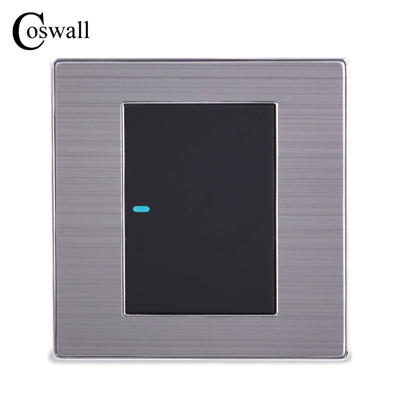 Coswall 1 Gang 1 Way Luxury Led Light Switch Push Button Wall Switch Interruptor Brushed Silver