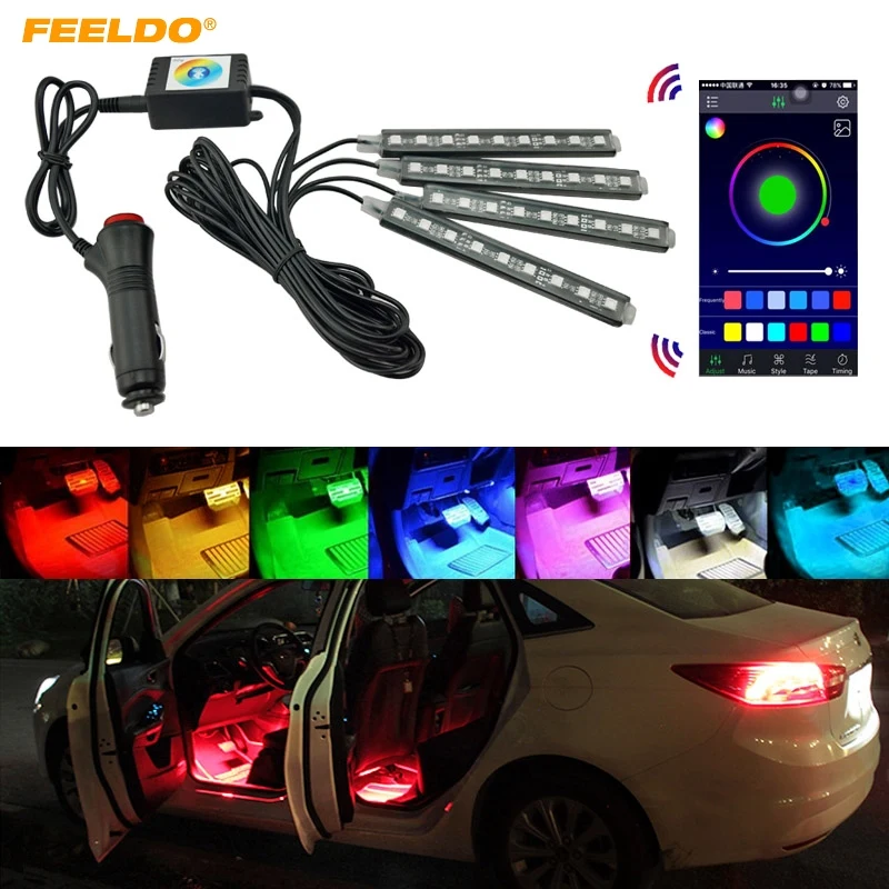 

FEELDO 3set Car Blutooth APP Intelligent Control Decorative LED Atmosphere Neon Light RGB Car Interior Footwell Light #FD-4561