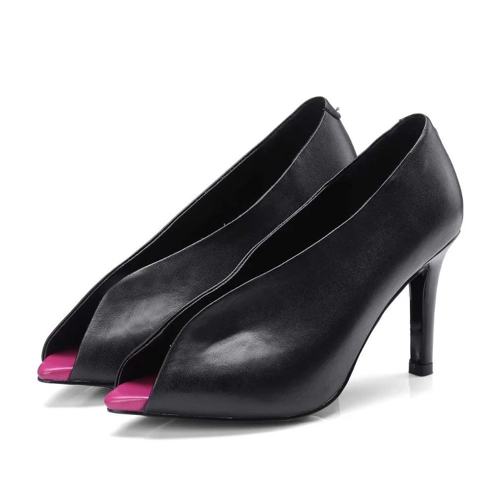 Concis Fée Leather Suede Kid Suede black Sur Superstar Chaussures Suede D'été L12 Peep Super Black Solide Lenkisen Femmes rosy Toe Pompes Parti Talons Cow Haute Mariage Slip 07xgF