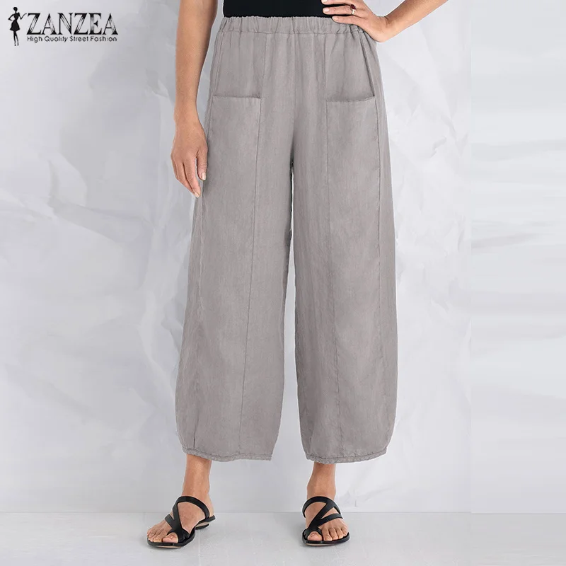 

ZANZEA Vintage Summer Women Solid Loose Harem Pants Casual Elastic Waist Pockets Cotton Linen Wide Leg Trousers Pantalon 2019