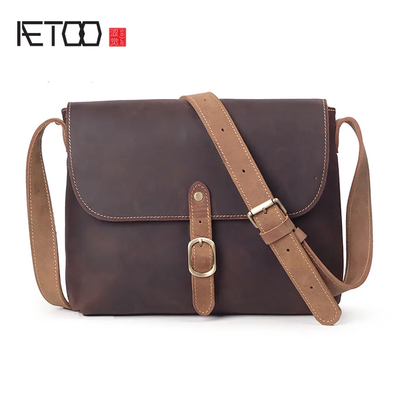 

AETOO Men's leather hit color shoulder bag lady mad horse leather Messenger bag large capacity A4 file package