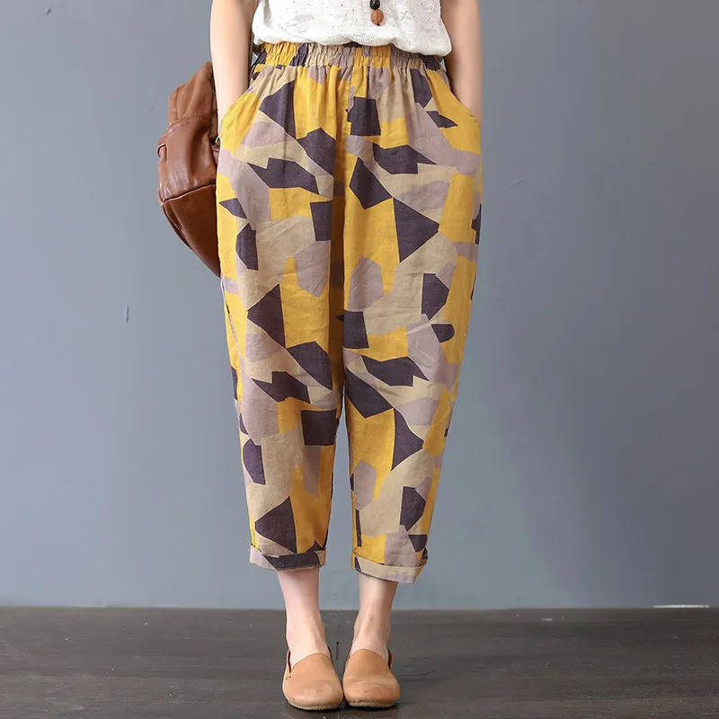 

LZMZA Vintage Printed Cross-pants Women Loose Linen Summer Harem Pants Plus Size Casual Trousers