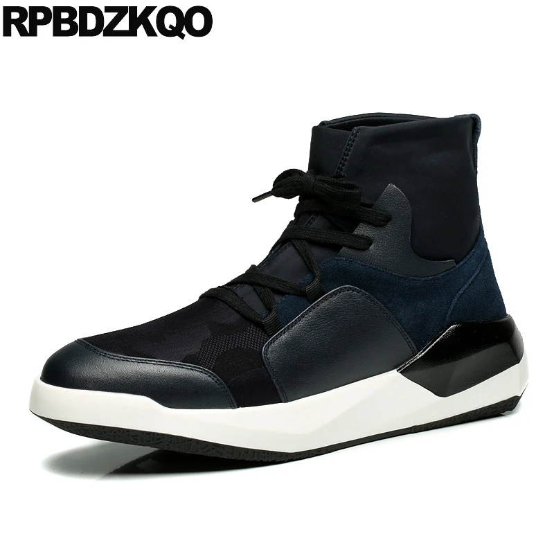 

Black Full Grain Leather Trainer High Top Sole Men Genuine Platform Sneakers Boots Booties Lace Up Thick Soled Harajuku Shoes