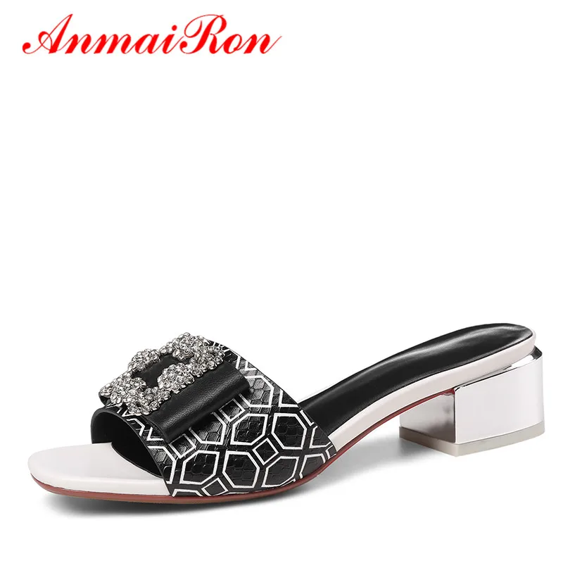

ANMAIRON Summer Rhinestone Slippers Women Low Heels Open Toe Shoes Woman Crystal Outside Slides Chunky Heels Sandals Women