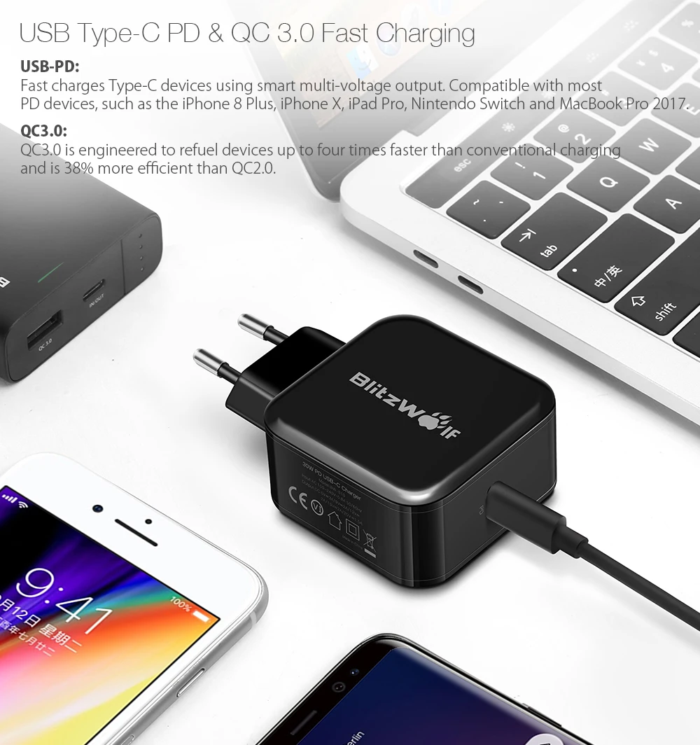 BlitzWolf 30 Вт usb type-C зарядное устройство для мобильного телефона PD+ QC3.0 быстрое зарядное устройство EU/AU адаптер настенное зарядное устройство для iPhone 11 X Pro Max 8