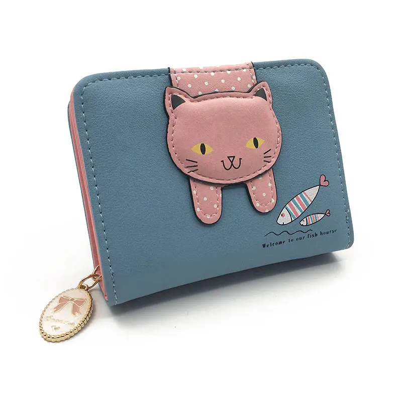 Women cute cat wallet small zipper girl wallet brand designed pu