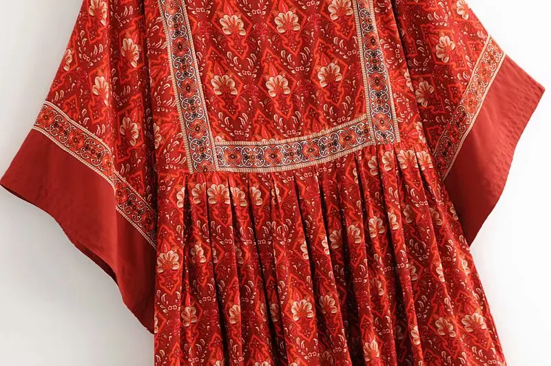 Vintage chic Women red floral print o-neck loose happie Bohemian mini dress ladies batwing sleeve Boho dresses vestidos