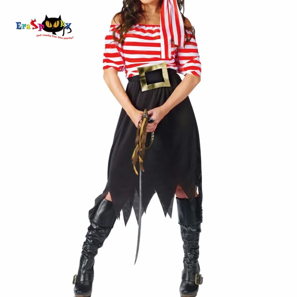 Beste Vrouwen Piraat Kostuum Meisje Crew Kostuum Halloween Kostuums Pirate Cosplay Korte Mouw Gestreepte Feestjurk Rokken voor Lady