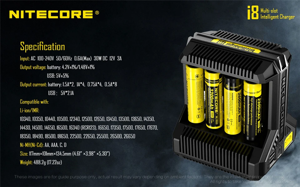 Nitecore i8 интеллектуальное зарядное устройство 8 слотов 4A выход умный заряд батареи для IMR18650 16340/10440 AA AAA 14500 26650 автомобильное зарядное устройство C2