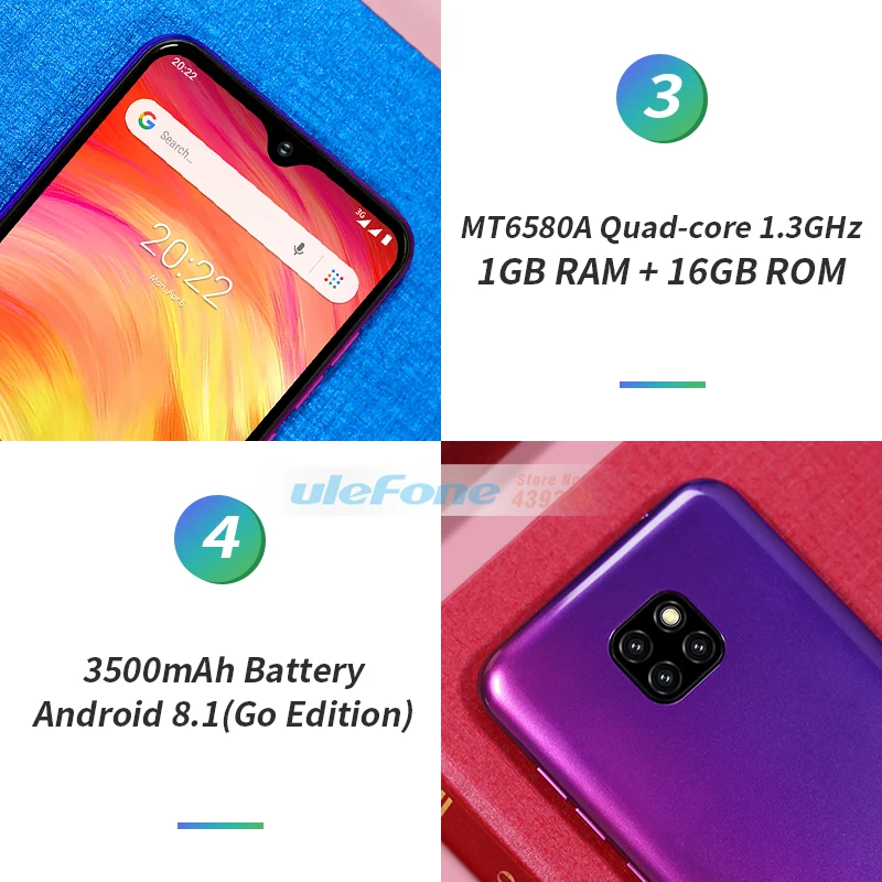 Смартфон Ulefone Note 7, 6,1 дюймов, 1 ГБ ОЗУ, 16 Гб ПЗУ, четырехъядерный процессор MT6580A, 3500 мАч, Face ID, три тыловые камеры, мобильный телефон на Android 9