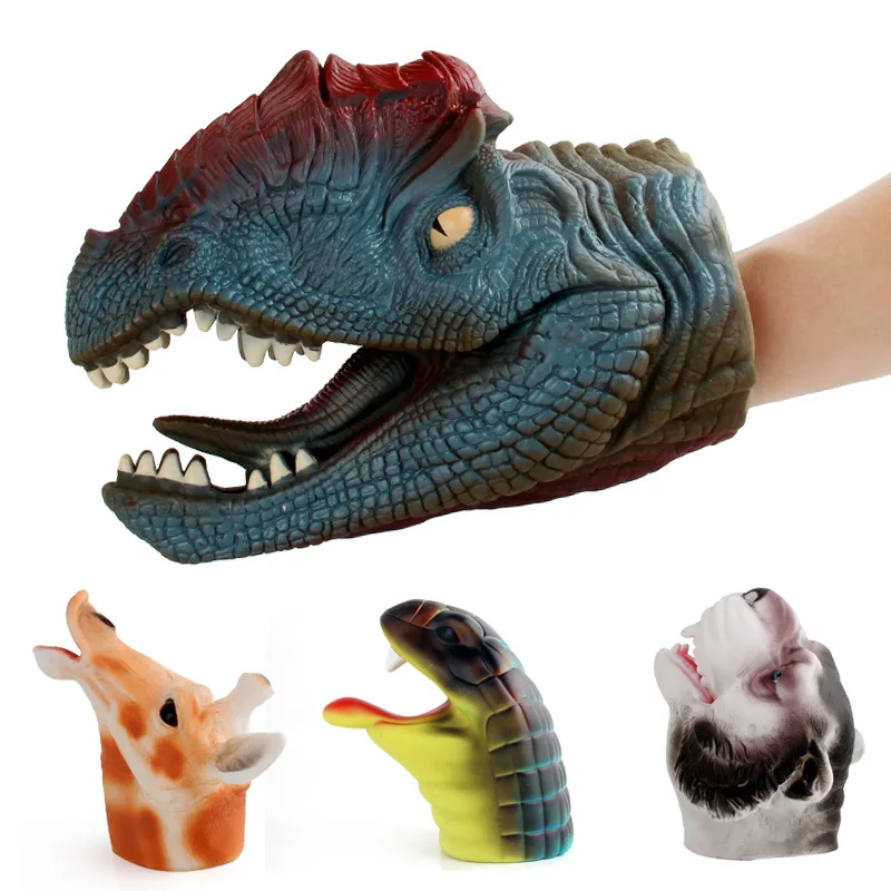 

Realistic Dinosaur Figures Hand Puppets Gloves Soft Rubber Animal Giraffe snake wolf Head Action Finger Dinosaur Model Toys