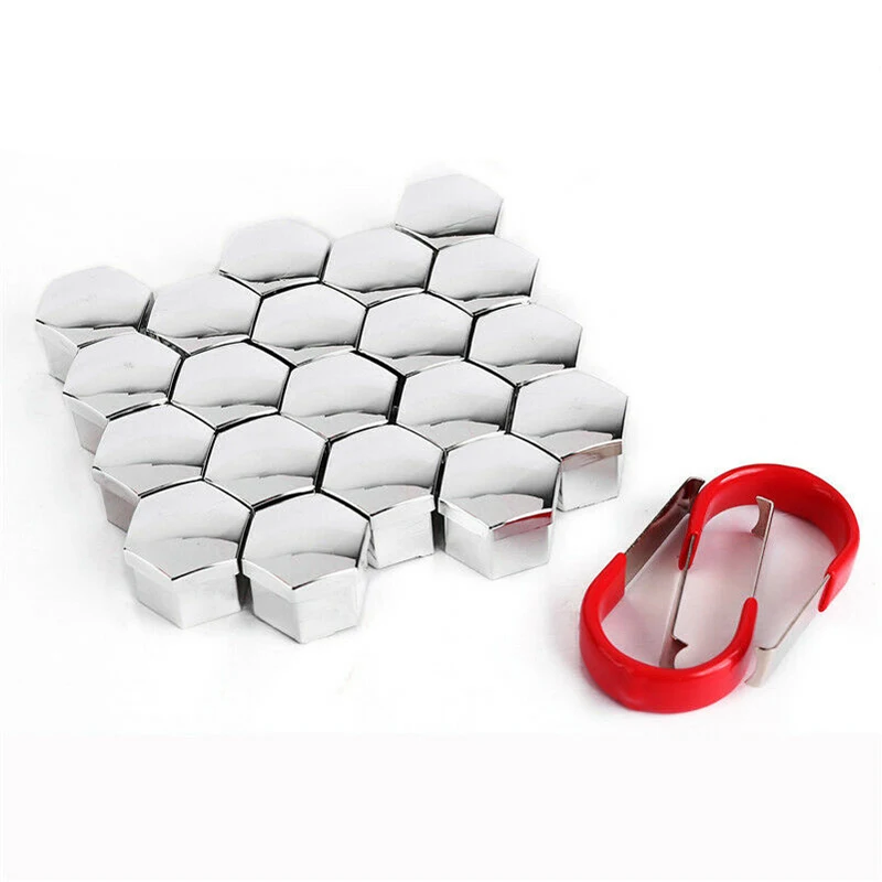 20pcs 19mm Car Alloy Wheel Nut Bolt Covers Caps Chrome Silver + 2pcs Clips Removal Tool