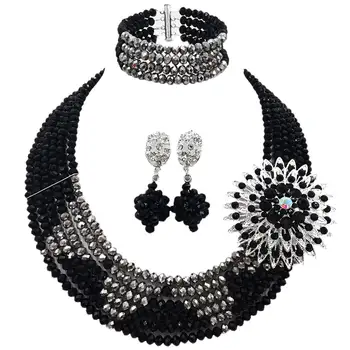 

Black and Silver Crystal Beads Costume African Jewelry Set Nigerian Wedding Necklace Bracelet Earrings Sets 6SJ01