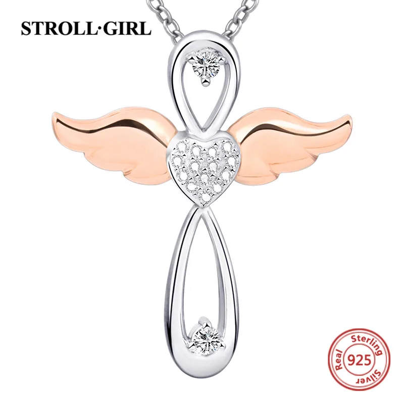 

New arrival 925 sterling silver angel cross chain pendant necklace with rose gold color wing diy fashion jewelry factory supply
