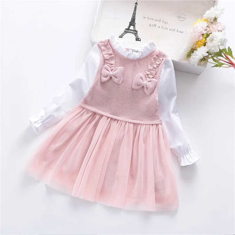 От 2 до 6 лет платье для маленьких девочек; детская одежда с длинными рукавами на весну-осень для девочек; Детские платья принцессы из вязаной сетки