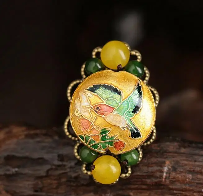 

Chinese Antique Cloisonne Carved Flower Bird Yellow& Blue Agate Jade Copper Ring Adjustable Ring