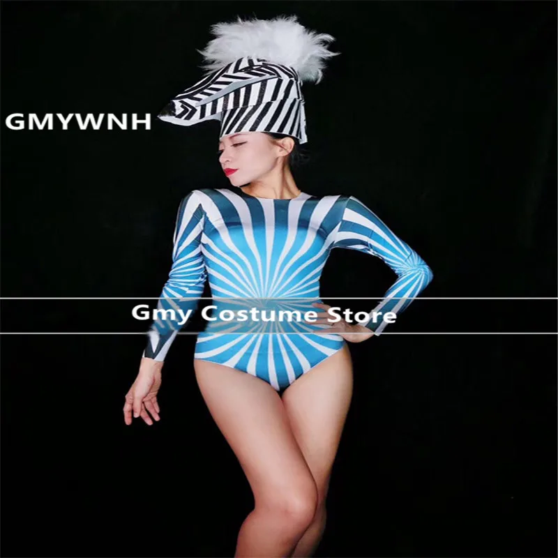 

E03 Female sexy Stripe printing bodysuit dj singer stage show wears dresses jumpsuit bar performance outfits pole dance costumes
