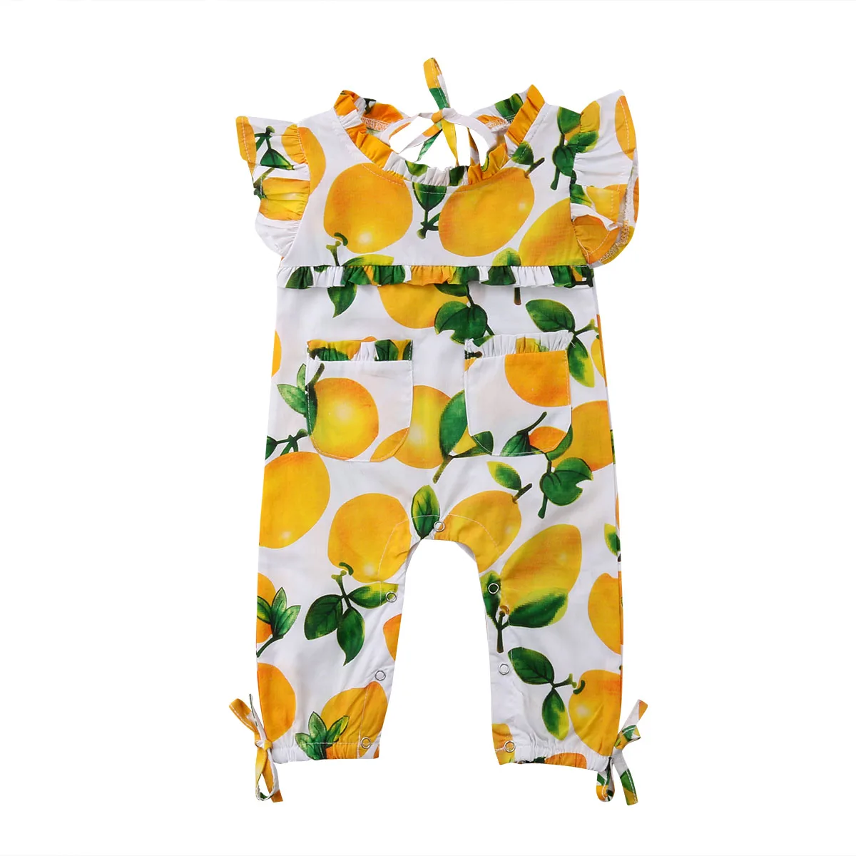 

Newborn Baby Girls Lemon Print Sleeveless Ruffles Rompers Playsuit Jumpsuit Packet Strap Clothes Summer Fashion Outfit