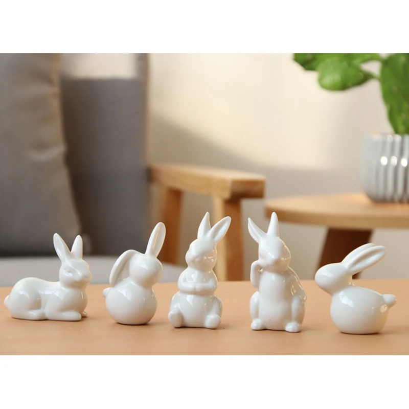 

5pcs/set Lovely Mini cute white ceramic rabbit statue home decor Figurines Micro Landscape miniature statue Creative gift