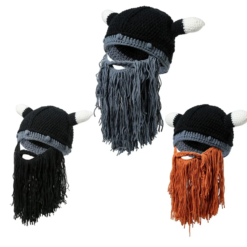 

Men's Barbarian Vagabond Viking Beard Beanie Horn Hat Handmade Winter Warm Birthday Cool Gift Funny Gag Novelty Halloween Cap