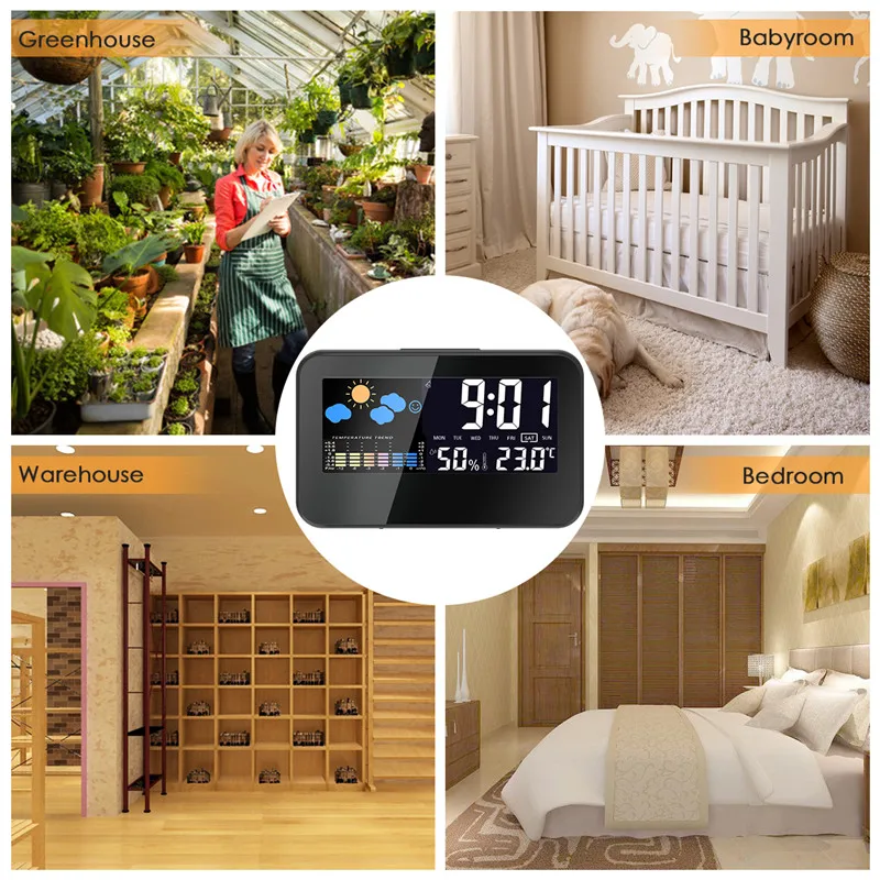 Loskii DC-002 Digital Weather Station Thermometer Hygrometer Alarm Clock with Colorful LED Display Smart Sound Control Calendar Backlight Function