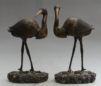 

WBY wholesale factory 12" China Bronze Gild Folk animal red-crowned crane Bird Statue sculpture Pair